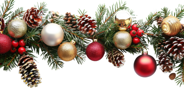 Christmas tree branches border garland on transparent background