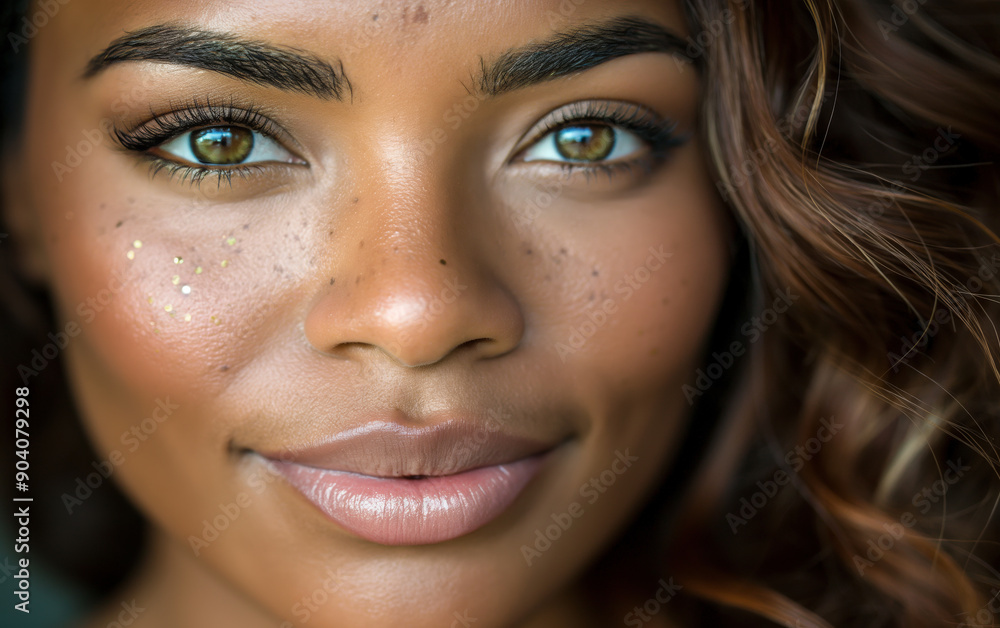 Wall mural Closeup Headshot of Gorgeous Brown Woman with Full Lips and Freckles