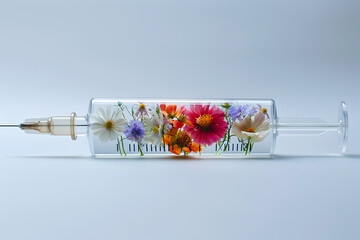 Syringe with flowers inside. Concept of aesthetic medicine, cosmetology and floratherapy, Bach flowers and alternative medicine