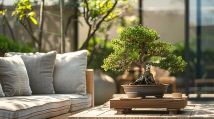 Fototapeta premium A bonsai tree displayed in an outdoor patio, creating a peaceful and natural focal point in the space.