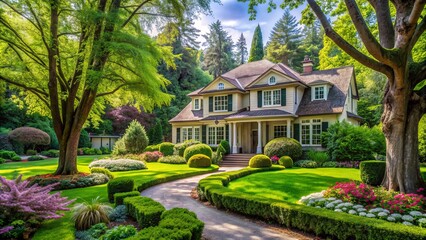 Fototapeta premium Serene residence surrounded by mature trees and lush verdant foliage, meticulously manicured gardens, and vibrant greenery in perfect harmony.