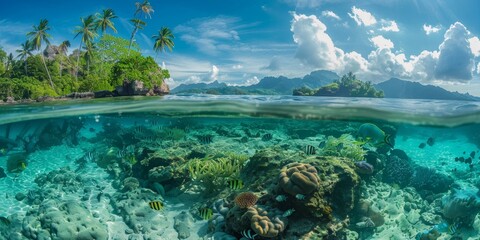 Obraz premium A protected marine sanctuary with clear waters and abundant marine life, highlighting conservation efforts