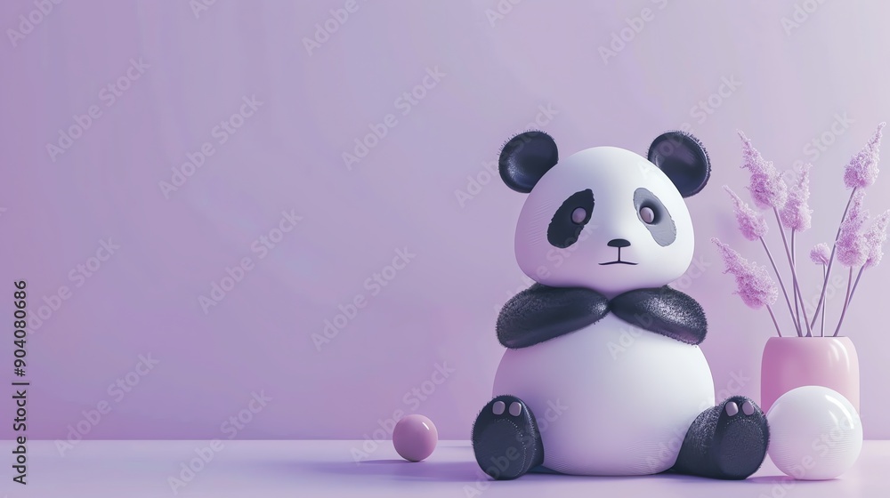 Sticker A 3D cartoon panda sitting in front of a rainbow arch on a purple background.