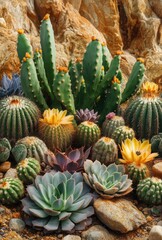 Fototapeta premium A variety of cacti and succulents thriving in a desert landscape, showcasing their unique shapes and vibrant colors