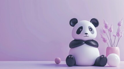 Naklejka premium A 3D cartoon panda sitting in front of a rainbow arch on a purple background.