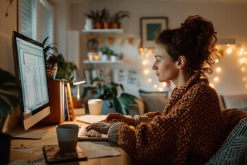 A woman sits at her desk working on a desktop computer in a cozy room filled with plants and soft lighting, surrounded by a peaceful and focused work environment.