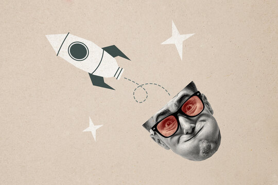 Composite trend artwork sketch image photo collage of young guy student half head geek eyewear mind dream rocket fly cosmos travel space