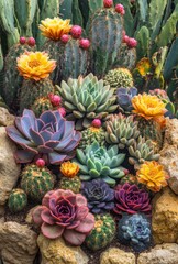 Fototapeta premium A variety of cacti and succulents thriving in a desert landscape, showcasing their unique shapes and vibrant colors