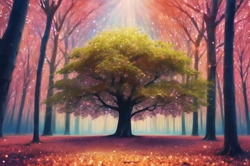 Magical Golden Tree with Glowing Leaves in Enchanted Forest,Generative AI