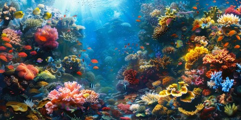 A thriving coral reef teeming with colorful marine life, showcasing the richness of underwater environments