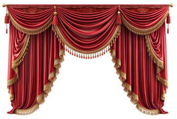 Rich red drapes adorned with intricate golden tassels and beaded fringes create a luxurious atmosphere in an elegant indoor space. The fabric cascades in soft folds, showcasing sophistication and gran