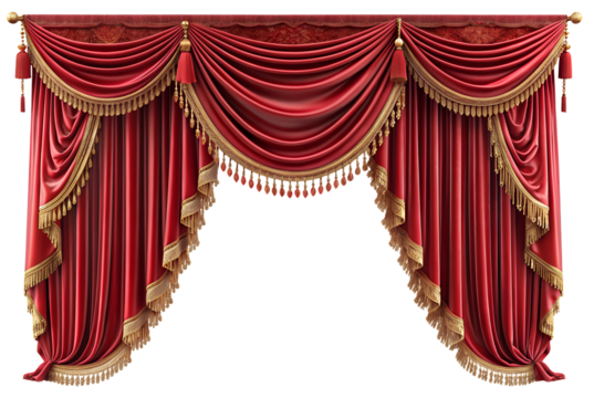 Rich red drapes adorned with intricate golden tassels and beaded fringes create a luxurious atmosphere in an elegant indoor space. The fabric cascades in soft folds, showcasing sophistication and gran