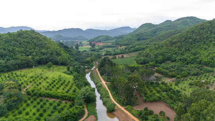 Aerial view of the agricultural field, road and river with mountains and sky background.