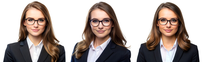 Fototapeta premium Set of Portraits of beautiful businesswomen with glasses on transparent background. Beauty and fashion concept.