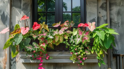 A charming balcony garden featuring a mix of Caladium plants and other tropical foliage.