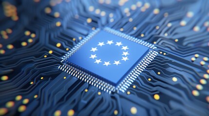 European semiconductor chip emblem, intricate circuit designs, symbolizing technological advancement and integration within the European Unions digital landscape.
