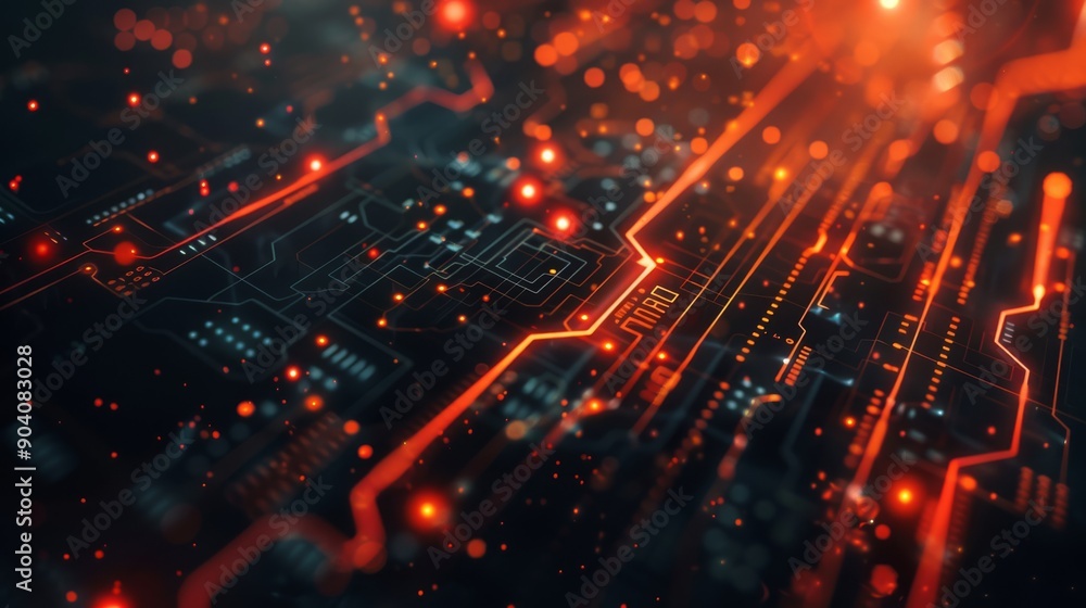 Poster a conceptual close-up of a high-tech circuit board with glowing orange connections and digital eleme