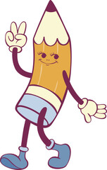 Pencil character retro groovy mascot