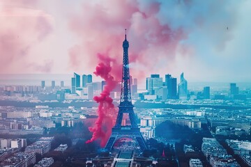 Fototapeta premium Colorful French flag in water, Eiffel tower model and ink swirling in water that black background. selective focus. 