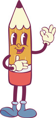 Pencil character retro groovy mascot