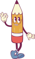 Pencil character retro groovy mascot