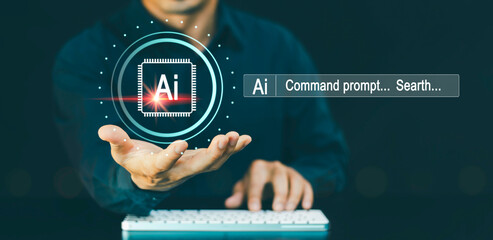 Ai technology, Artificial Intelligence, man using technology smart robot  by enter command prompt, Chat, Searh whith Ai for generates something, Futuristic technology transformation