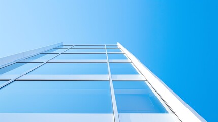 Obraz premium Modern glass facade, soaring upward against a vibrant blue sky, showcasing sleek architectural design and the interplay of light and reflection.