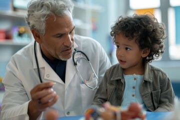 Obraz premium An older doctor is engaging with a young curly-haired boy during a pediatric consultation, highlighting the caring and professional nature of medical interactions.