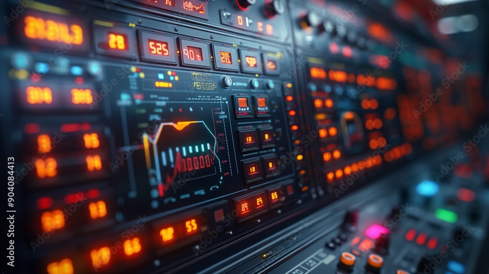 Poster close-up of hydroelectric control dashboard. close-up of a hydroelectric plant's control dashboard, 