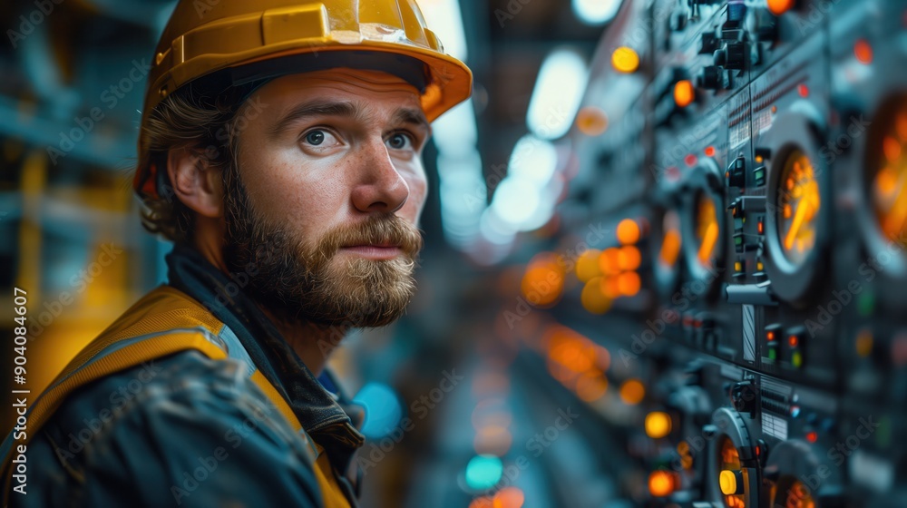 Poster hydroelectric engineer in control room. hydroelectric engineer in the control room, focusing on the 