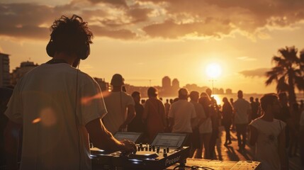 Naklejka premium DJ Set at Sunset Beach Party