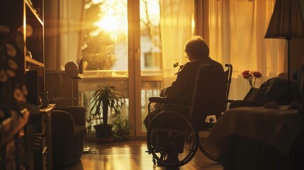 A woman in a wheelchair sits in a living room with a potted plant in front of he