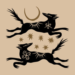 Cartoon ethnic mascot boho wolves couple funny groovy whimsical flat art. Doodle stellar celestial cute astronomy and astrology details. Hand-drawn bohemian composition. Mystical Moon wild dogs © Knstart Studio