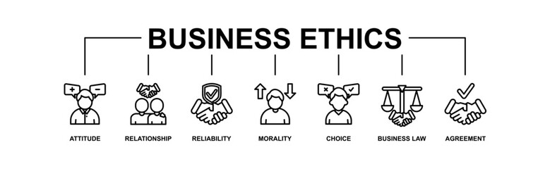 Business ethics banner web icon vector illustration concept with icon of attitude, relationship, reliability, morality, choice, business law and agreement