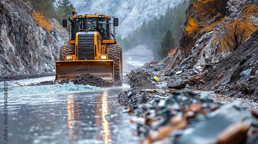 Poster bulldozer clearing path in hydro project area. bulldozer clears a path in an area likely associated 