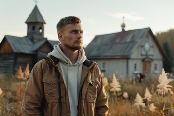 A young man, dressed in a hoodie and jacket, stands in front of an old church, looking off into the distance with a determined and contemplative expression.