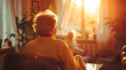 Obraz premium An older woman sits in a chair in a living room