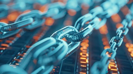 Close-up of a metal chain representing blockchain technology with glowing digital background, showcasing security and connection concepts.