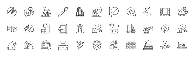 Entrance, Boxes shelf and Open door line icons. Pack of Typewriter, Power, Floor plan icon. Inspect, Web inventory, Electric energy pictogram. Mobile inventory, Lighthouse. Line icons. Vector