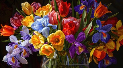 Fototapeta premium A close-up of a colorful flower bouquet featuring vibrant tulips, irises, and daffodils, arranged in a clear vase.