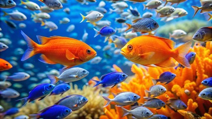 Naklejka premium Vibrant orange and blue damselfish swim amidst coral reef, surrounded by schools of small silver fish in crystal clear water.
