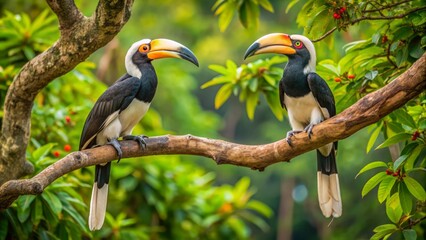 Obraz premium Two majestic Malabar pied hornbills, one male and one female, sit regally atop a towering tree in Sri Lanka's Yala National Park.