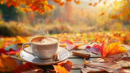 Autumn ambiance  realistic photo of a steaming cup of cinnamon infused coffee amidst fall scenery