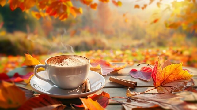 Autumn ambiance  realistic photo of a steaming cup of cinnamon infused coffee amidst fall scenery