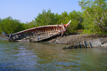 Old wooden boat is wrecked on the edge of a river with green mangrove forests.