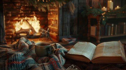 Cozy evening ambiance by the fireplace with blanket and tea, realistic lifestyle image