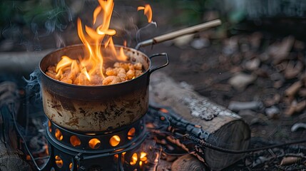 A close-up of a portable camping stove with a pot of food cooking over the flame.