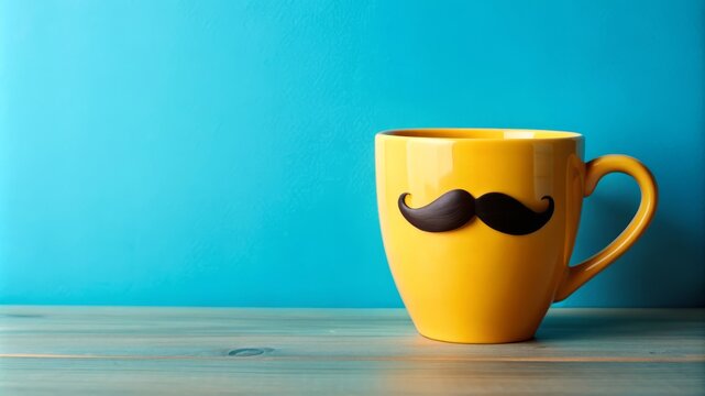 Yellow Mug with Mustache on Blue Background. - Powered by Adobe