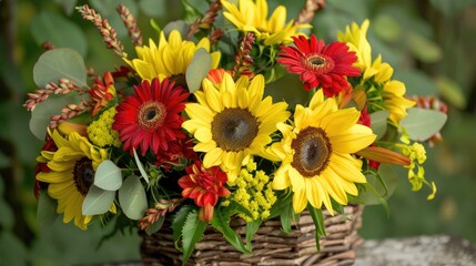 Obraz premium A close-up of a vibrant bouquet featuring yellow sunflowers and red gerbera daisies, arranged in a rustic basket.
