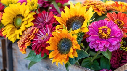 Obraz premium A close-up of a vibrant bouquet of mixed sunflowers and zinnias, arranged in a rustic wooden crate.